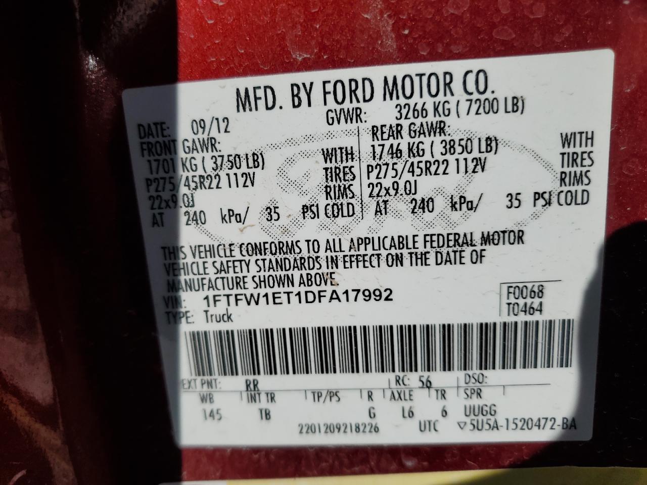 2013 Ford F150 Supercrew VIN: 1FTFW1ET1DFA17992 Lot: 90432375