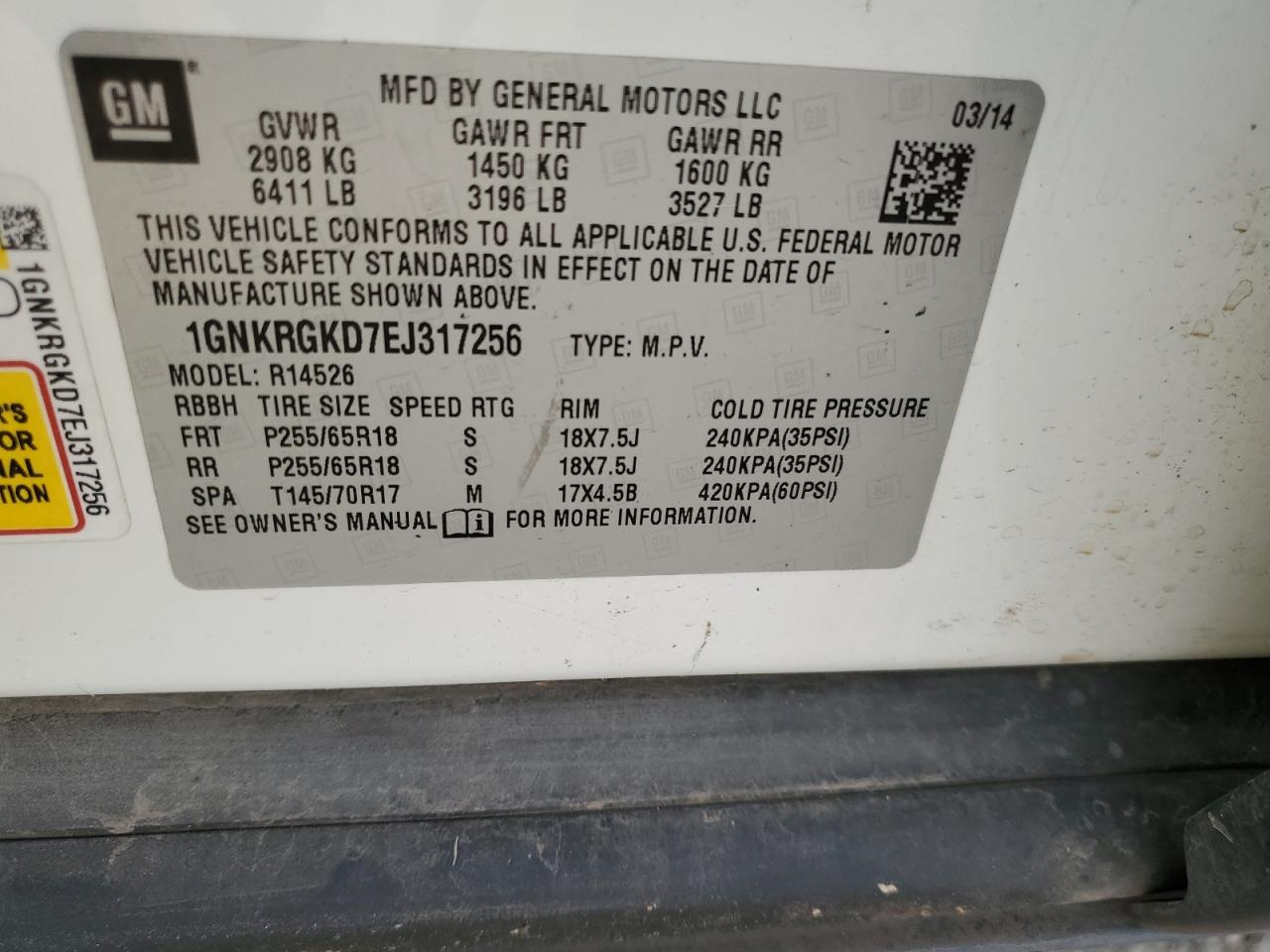 2014 Chevrolet Traverse Lt VIN: 1GNKRGKD7EJ317256 Lot: 82442615