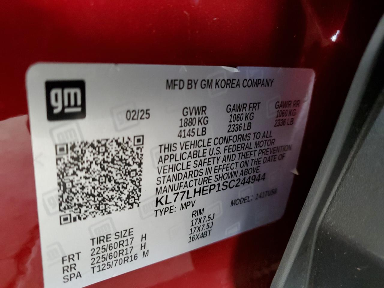 2025 Chevrolet Trax 1Lt VIN: KL77LHEP1SC244944 Lot: 82297555