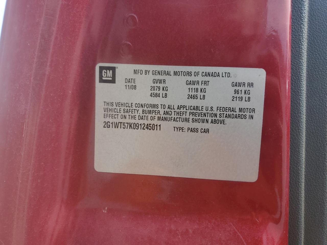 2009 Chevrolet Impala 1Lt VIN: 2G1WT57K091245011 Lot: 86118485