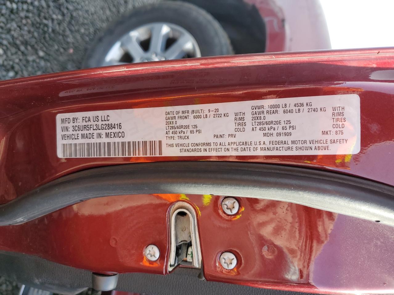 2020 Ram 2500 Laramie VIN: 3C6UR5FL3LG288416 Lot: 82743795