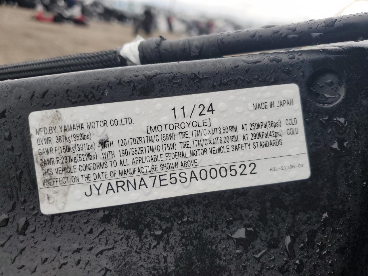 2025 Yamaha Yzf1000 VIN: JYARNA7E5SA000522 Lot: 84953665