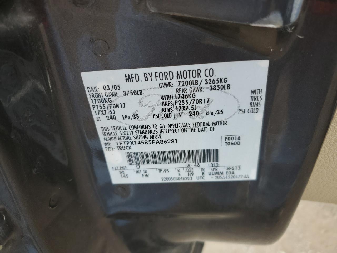 2005 Ford F150 VIN: 1FTPX14585FA86281 Lot: 89839915