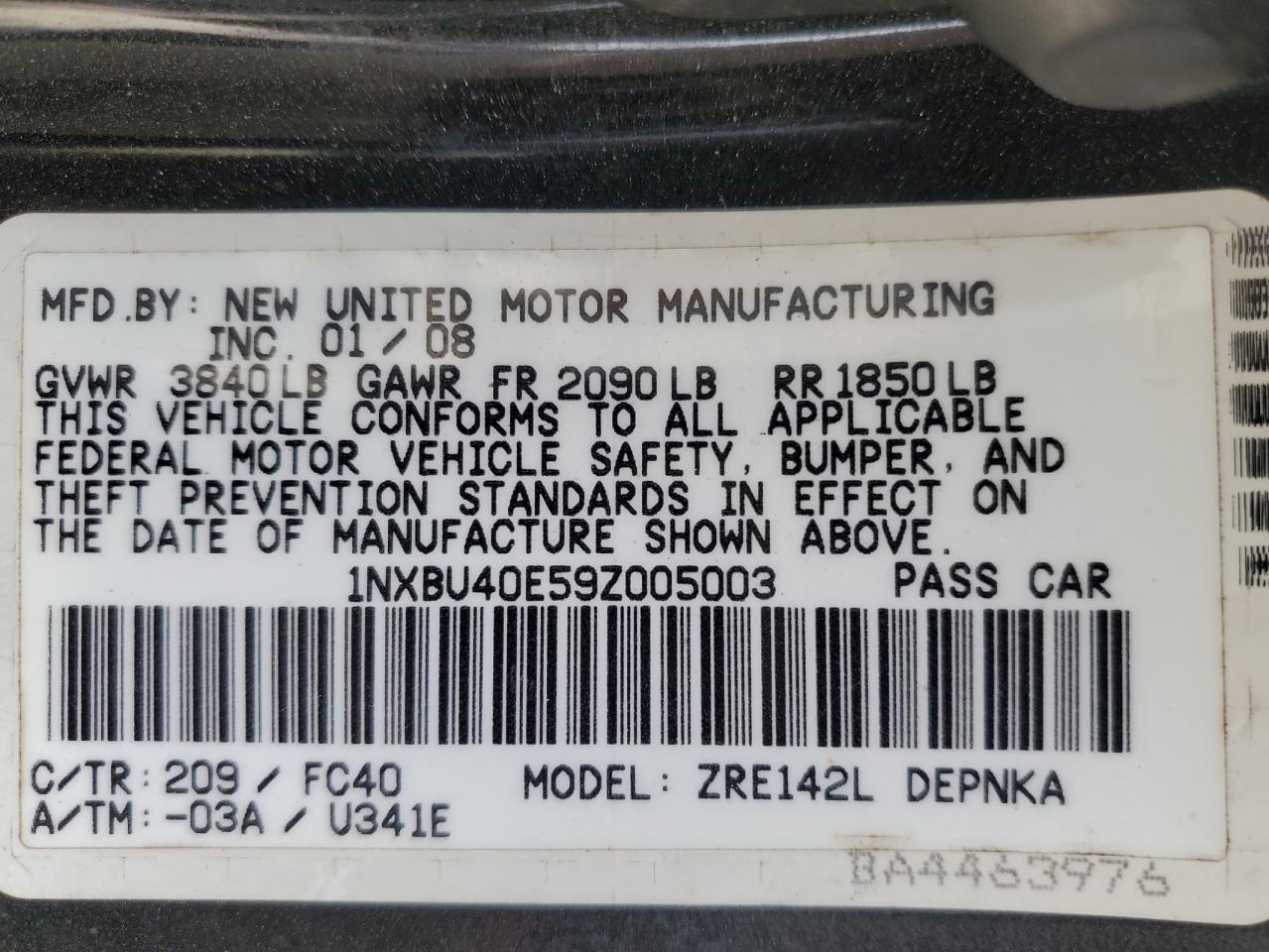2009 Toyota Corolla Base VIN: 1NXBU40E59Z005003 Lot: 86604985