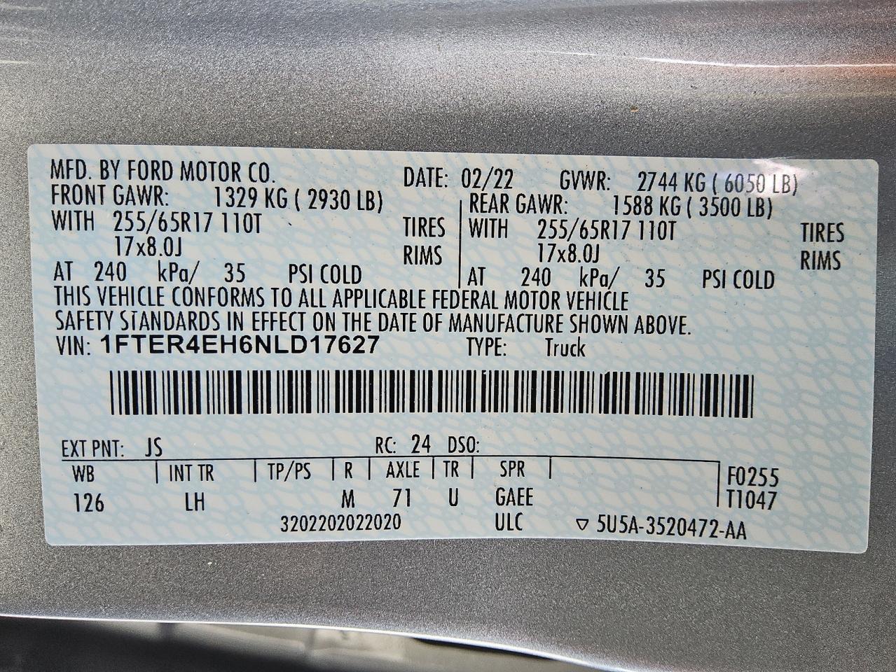2022 Ford Ranger Xl VIN: 1FTER4EH6NLD17627 Lot: 70174955