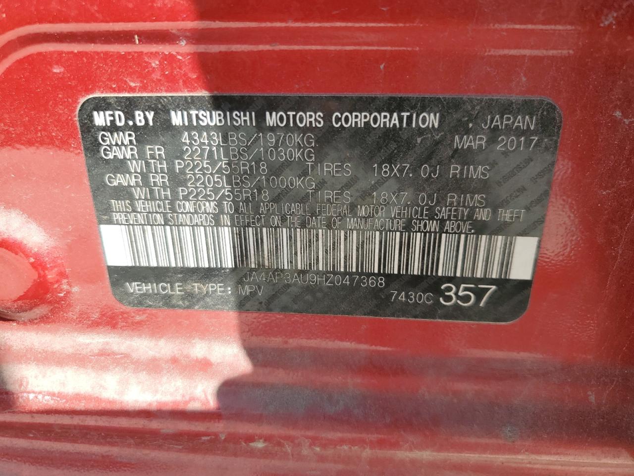 2017 Mitsubishi Outlander Sport Es VIN: JA4AP3AU9HZ047368 Lot: 90321075