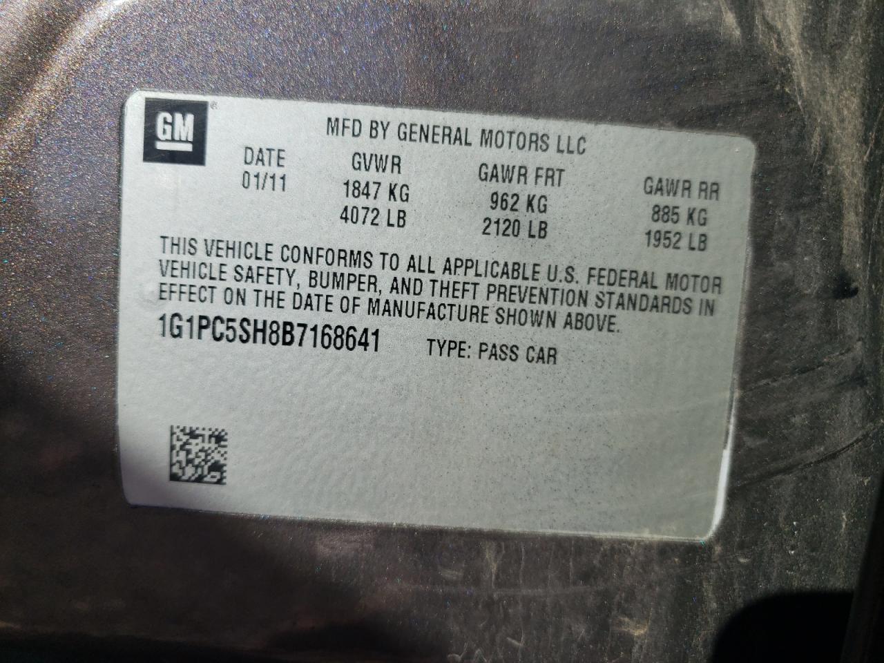 2011 Chevrolet Cruze Ls VIN: 1G1PC5SH8B7168641 Lot: 85337415