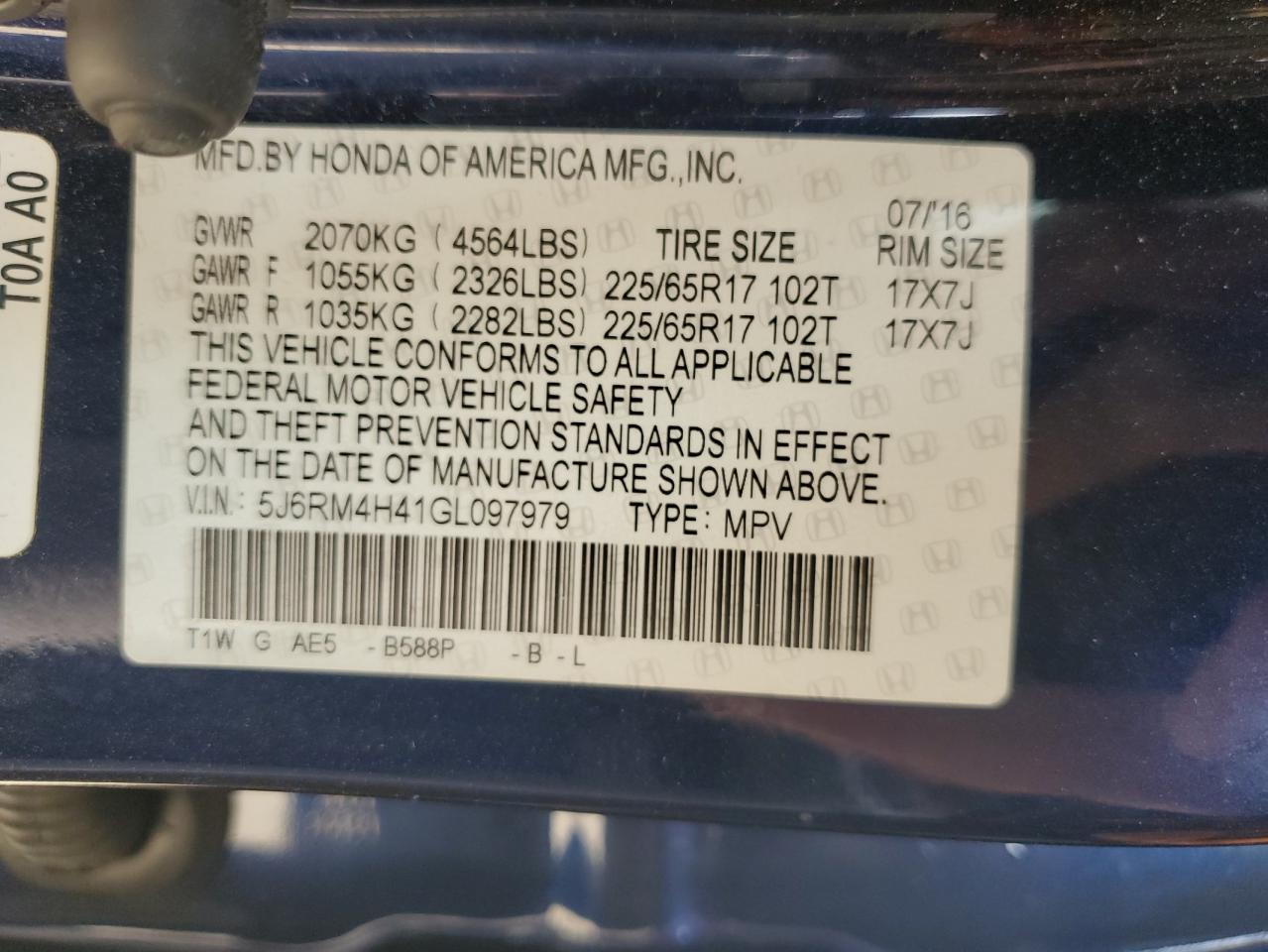 2016 Honda Cr-V Se VIN: 5J6RM4H41GL097979 Lot: 84821095