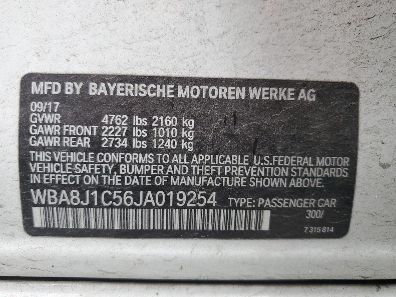 2018 BMW 328 D xDrive VIN: WBA8J1C56JA019254 Lot: 85950115