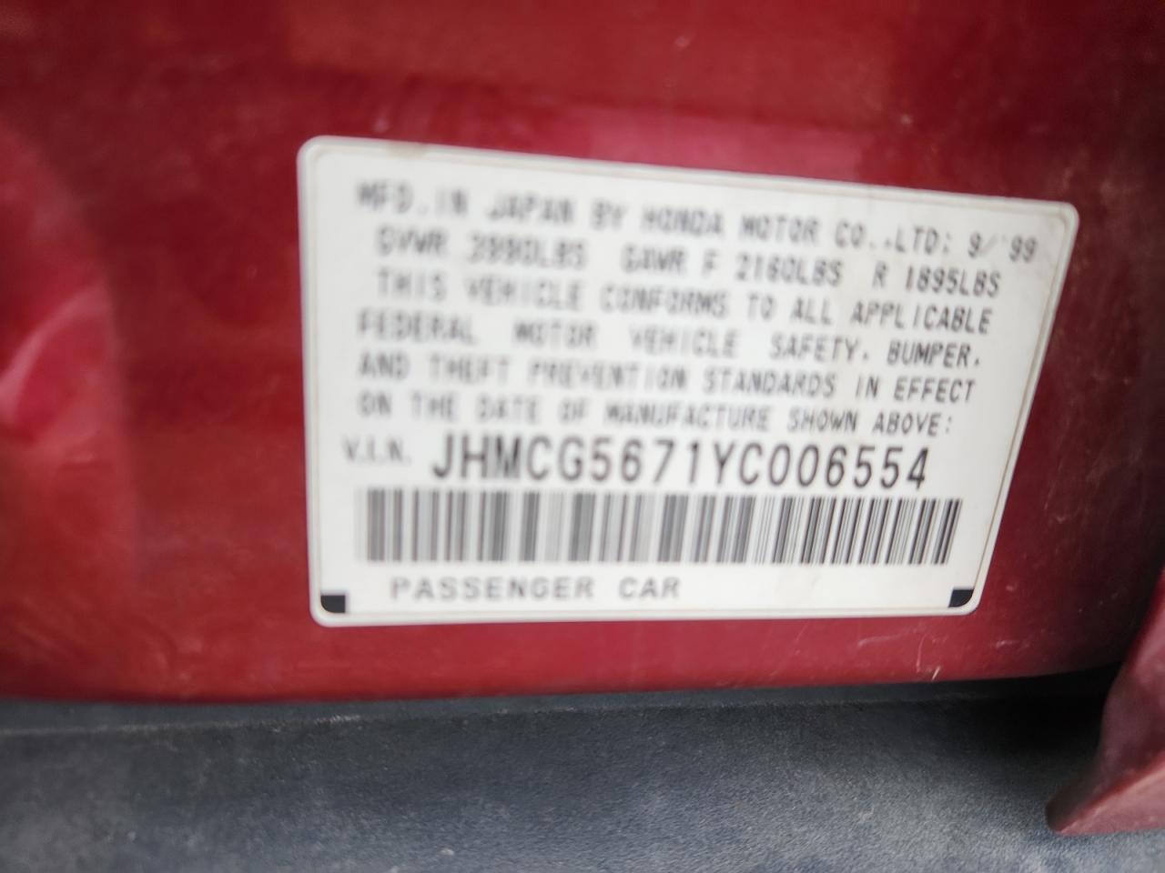 2000 Honda Accord Se VIN: JHMCG5671YC006554 Lot: 85380305