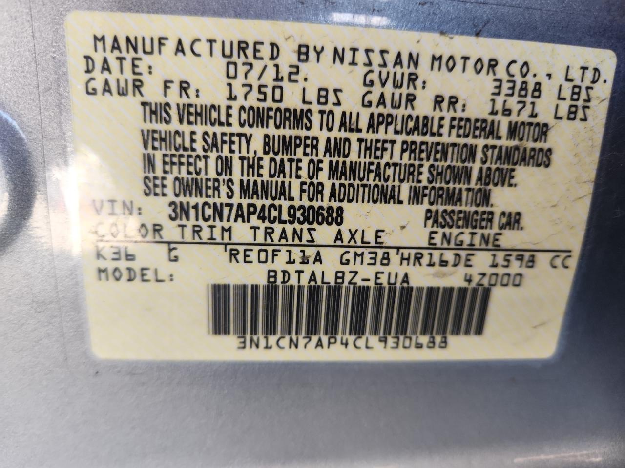 2012 Nissan Versa S VIN: 3N1CN7AP4CL930688 Lot: 82430075