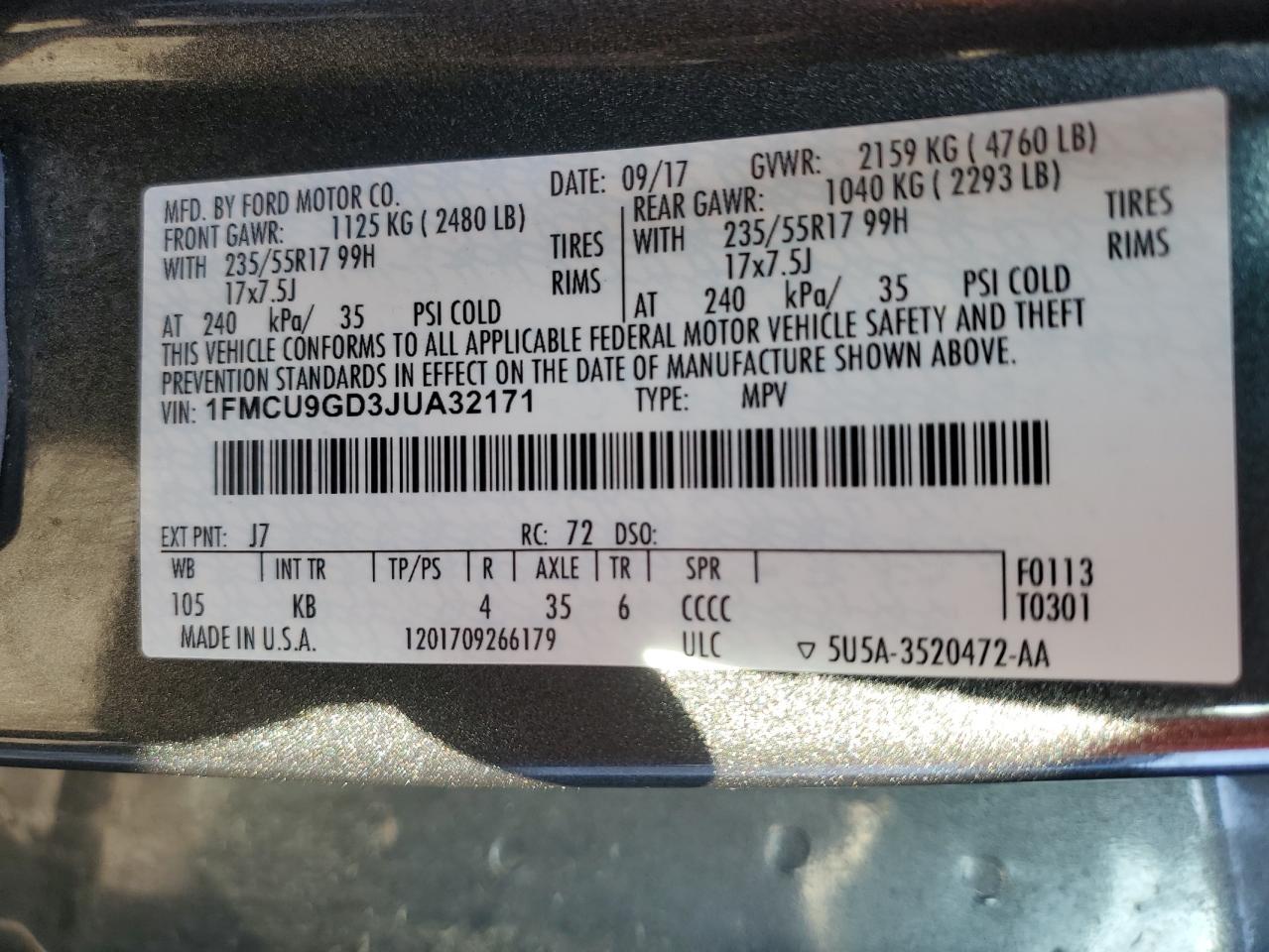 2018 Ford Escape Se VIN: 1FMCU9GD3JUA32171 Lot: 86525625