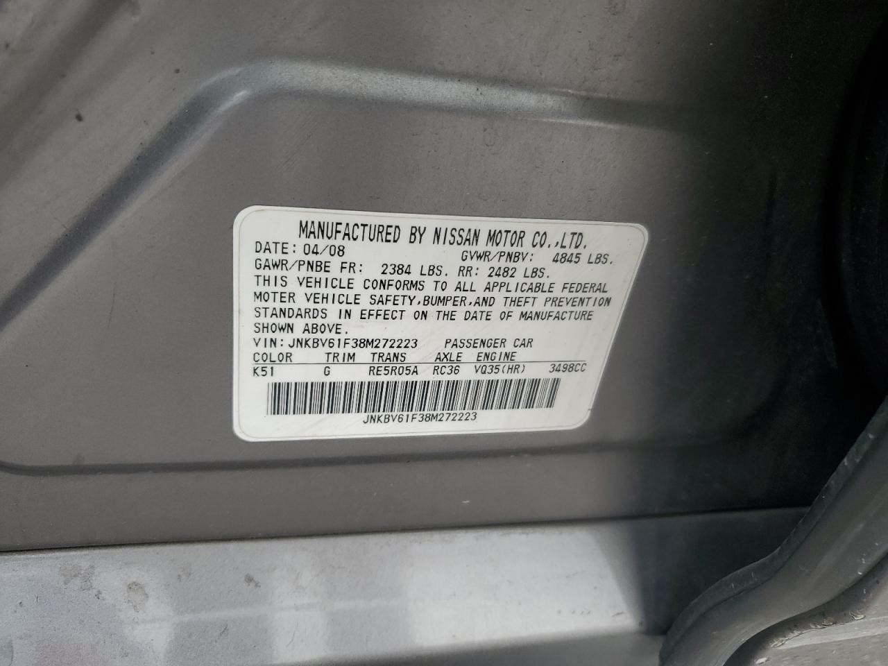 2008 Infiniti G35 VIN: JNKBV61F38M272223 Lot: 82590015