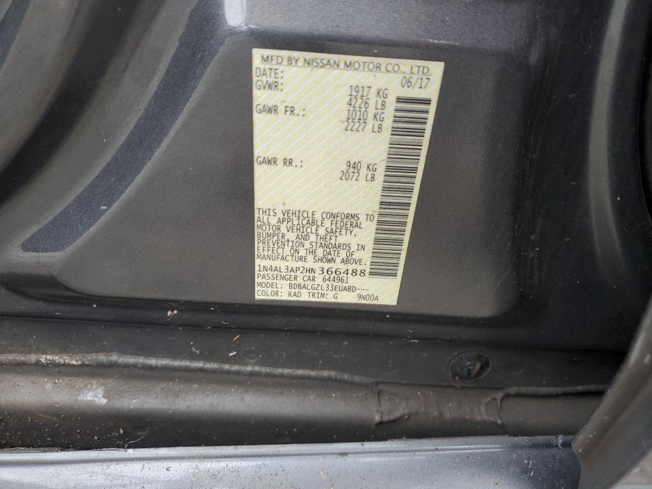 2017 Nissan Altima 2.5 VIN: 1N4AL3AP2HN366488 Lot: 86135095