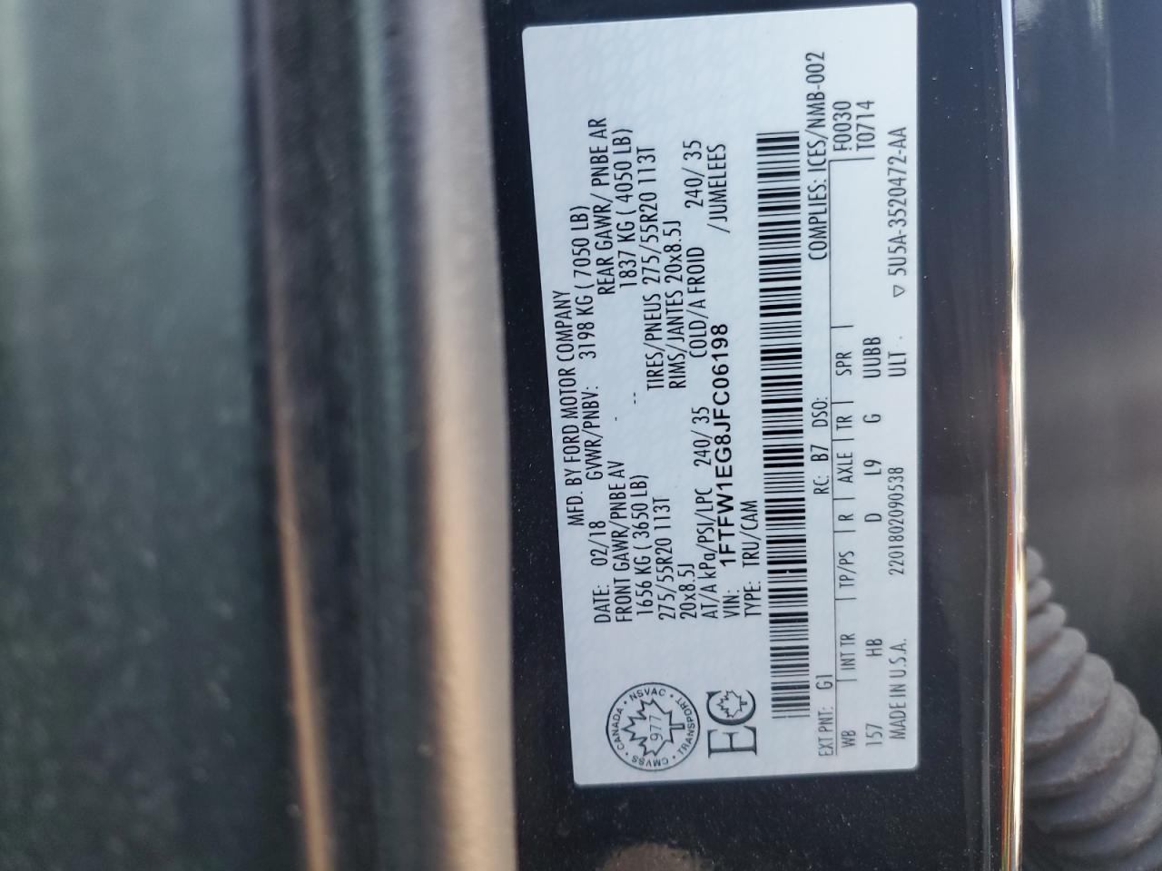 2018 Ford F150 Supercrew VIN: 1FTFW1EG8JFC06198 Lot: 85204275