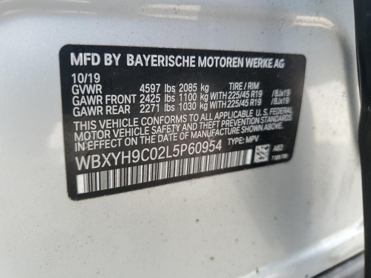 2020 BMW X2 Sdrive28I VIN: WBXYH9C02L5P60954 Lot: 84633215