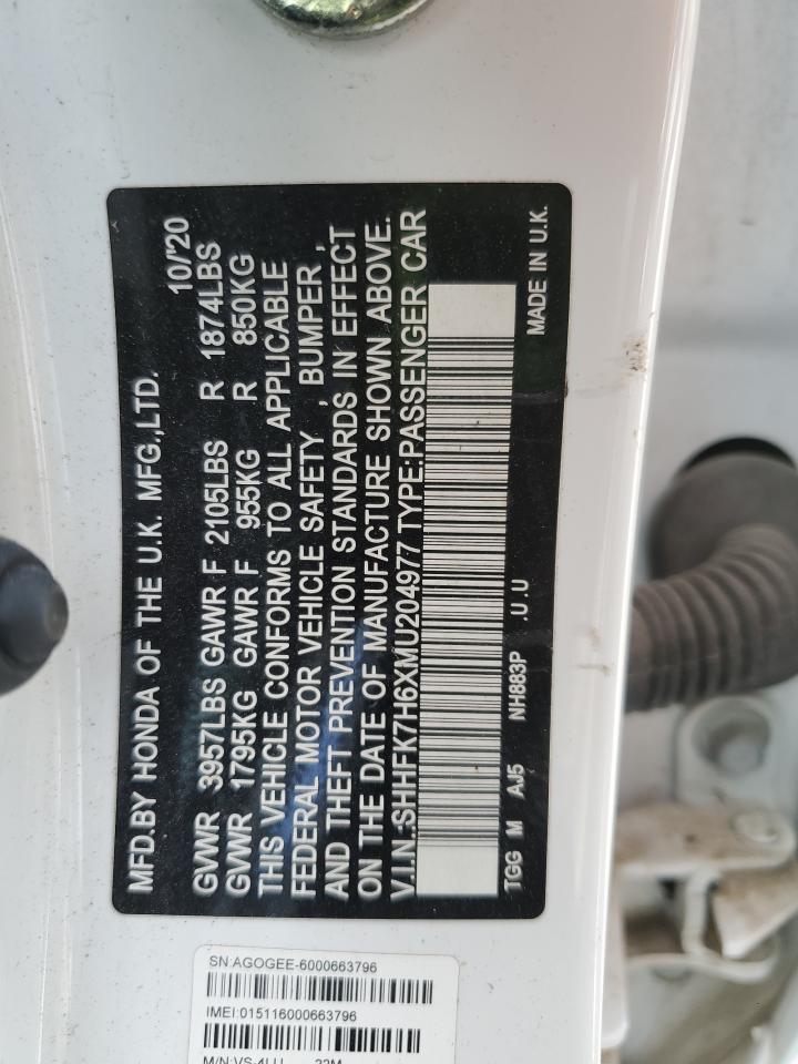2021 Honda Civic Ex VIN: SHHFK7H6XMU204977 Lot: 85198125