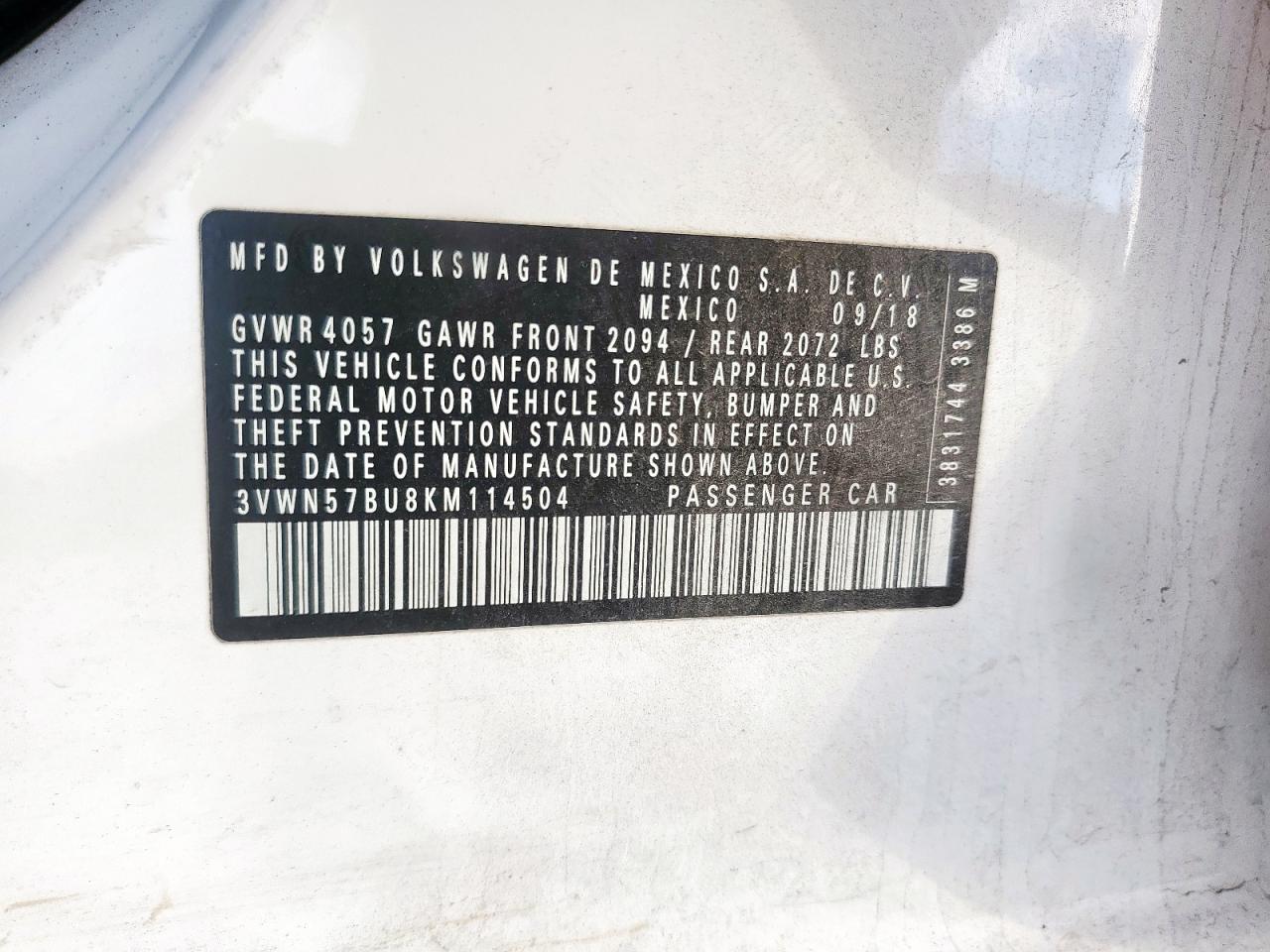 2019 Volkswagen Jetta S VIN: 3VWN57BU8KM114504 Lot: 84968705