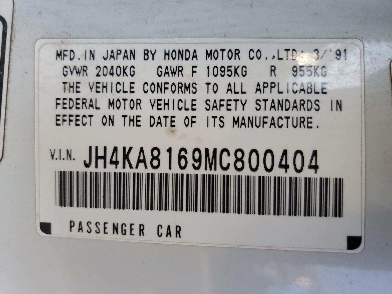 1991 Acura Legend L VIN: JH4KA8169MC800404 Lot: 84193775