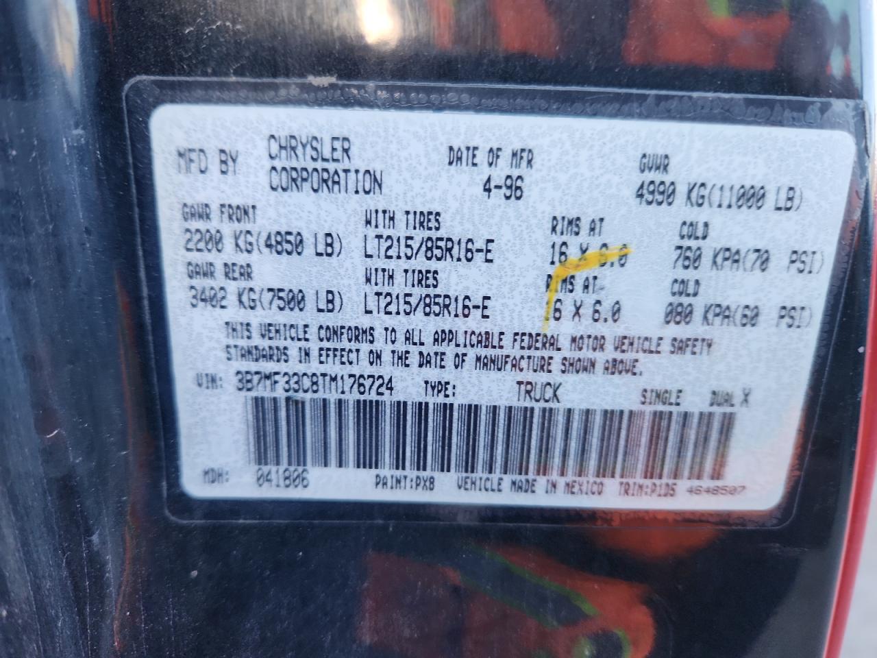 1996 Dodge Ram 3500 VIN: 3B7MF33C8TM176724 Lot: 90287885