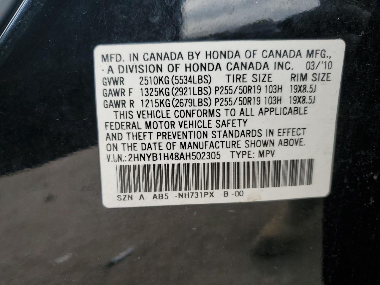 2010 Acura Zdx Technology VIN: 2HNYB1H48AH502305 Lot: 89831605