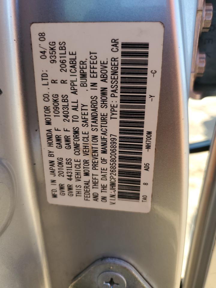 2008 Honda Accord Exl VIN: JHMCP26858C068997 Lot: 82502895