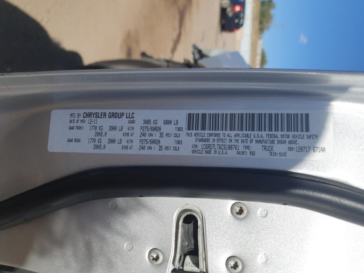 2012 Dodge Ram 1500 Slt VIN: 1C6RD7LT6CS188761 Lot: 89546595