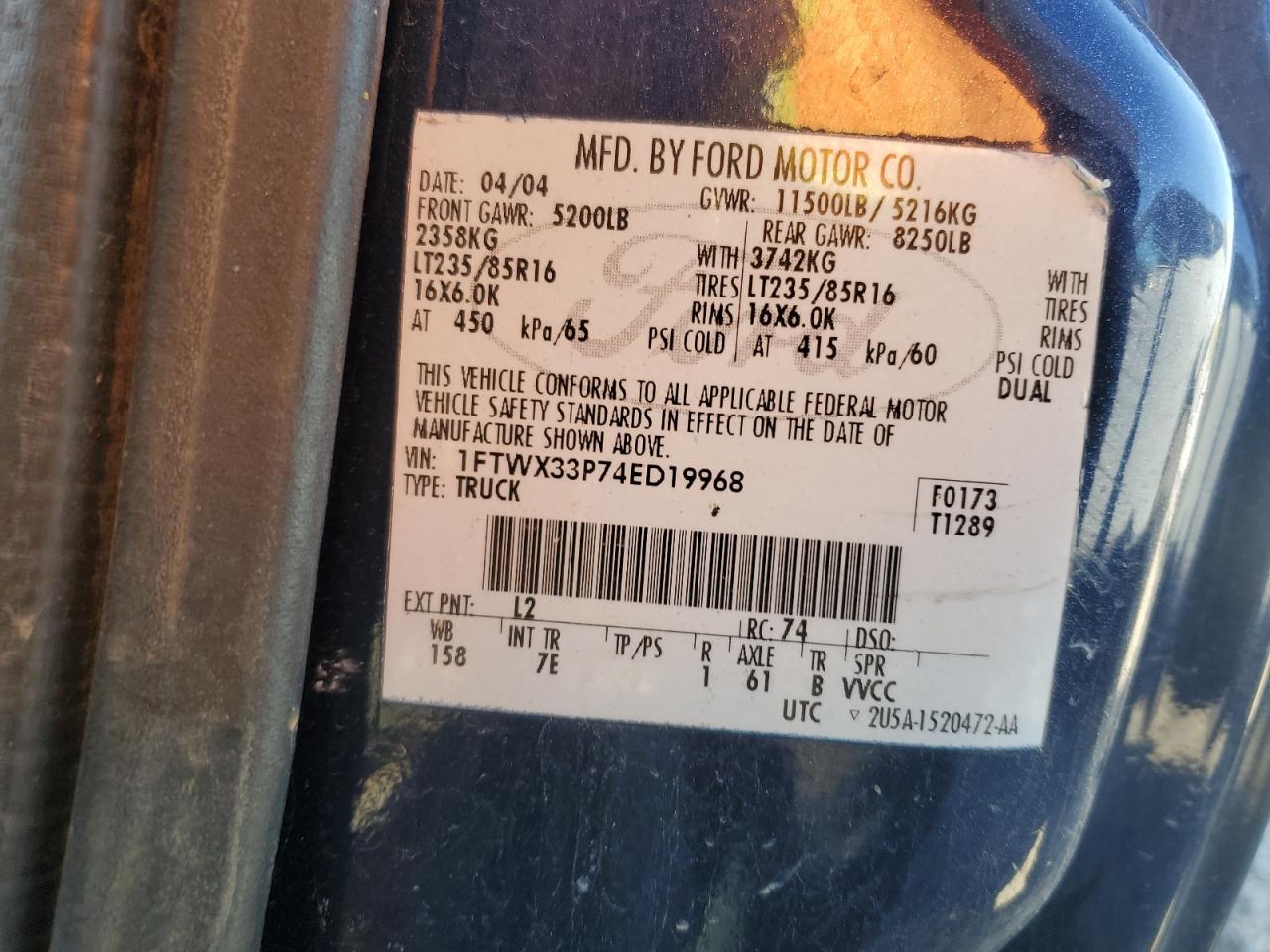 2004 Ford F350 Super Duty VIN: 1FTWX33P74ED19968 Lot: 86865645
