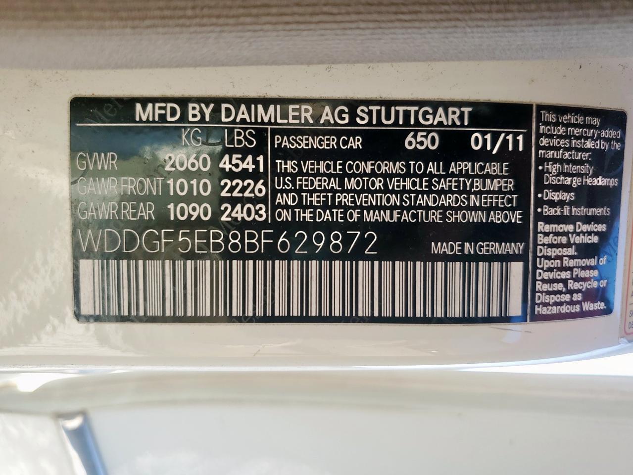 2011 Mercedes-Benz C 300 VIN: WDDGF5EB8BF629872 Lot: 85087685