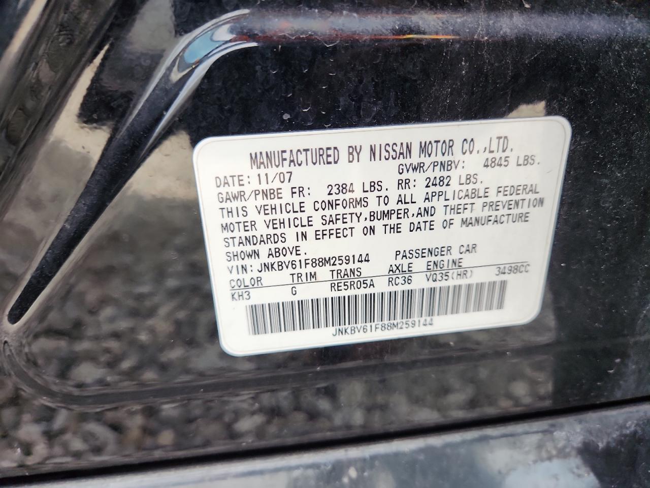 2008 Infiniti G35 VIN: JNKBV61F88M259144 Lot: 85847675