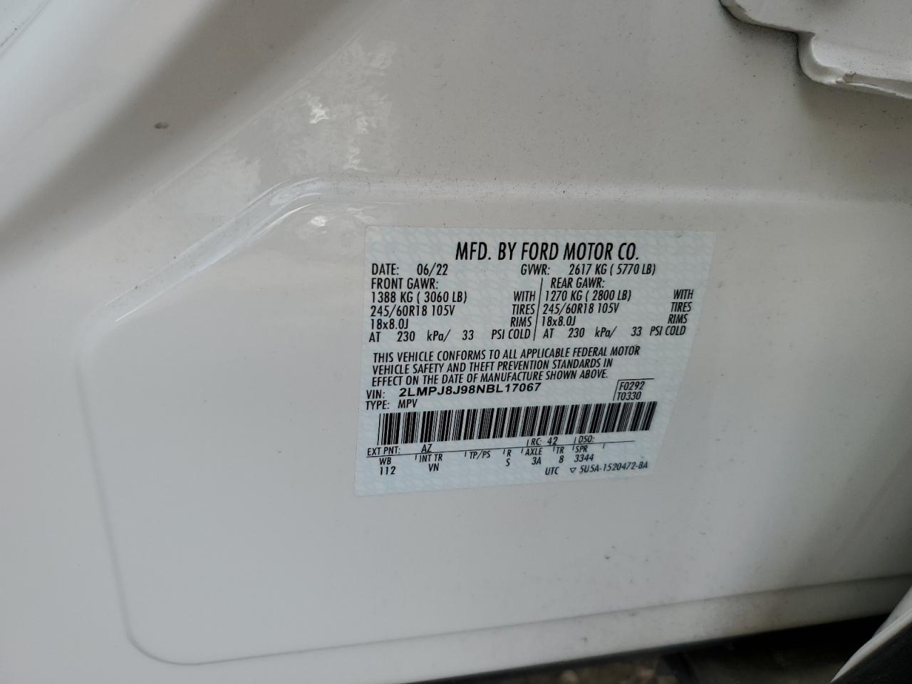 2022 Lincoln Nautilus VIN: 2LMPJ8J98NBL17067 Lot: 90088445