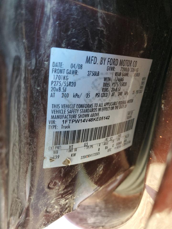 2008 Ford F150 Supercrew VIN: 1FTPW14V48KE05142 Lot: 85287145