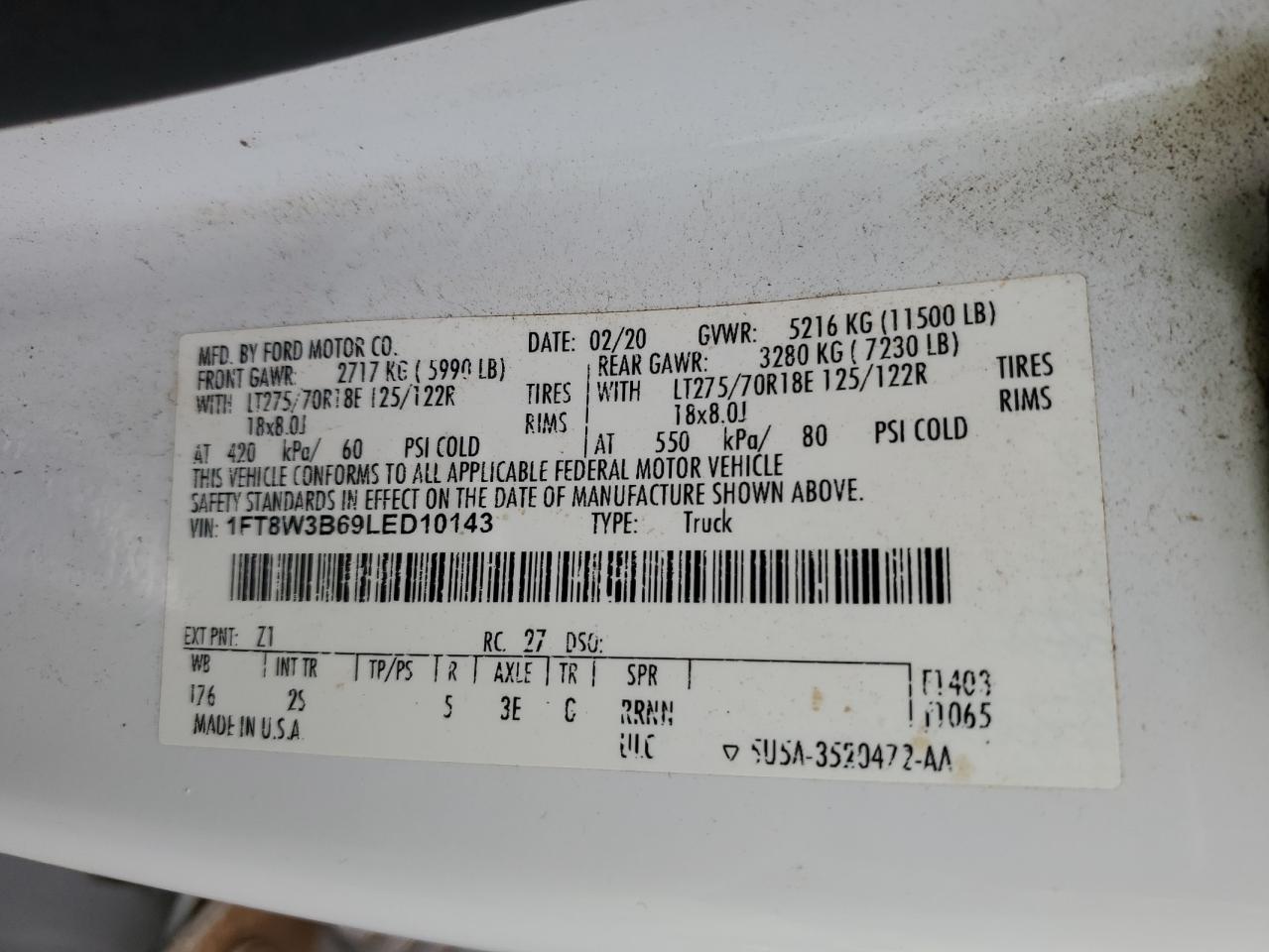 2020 Ford F350 Super Duty VIN: 1FT8W3B69LED10143 Lot: 81459535