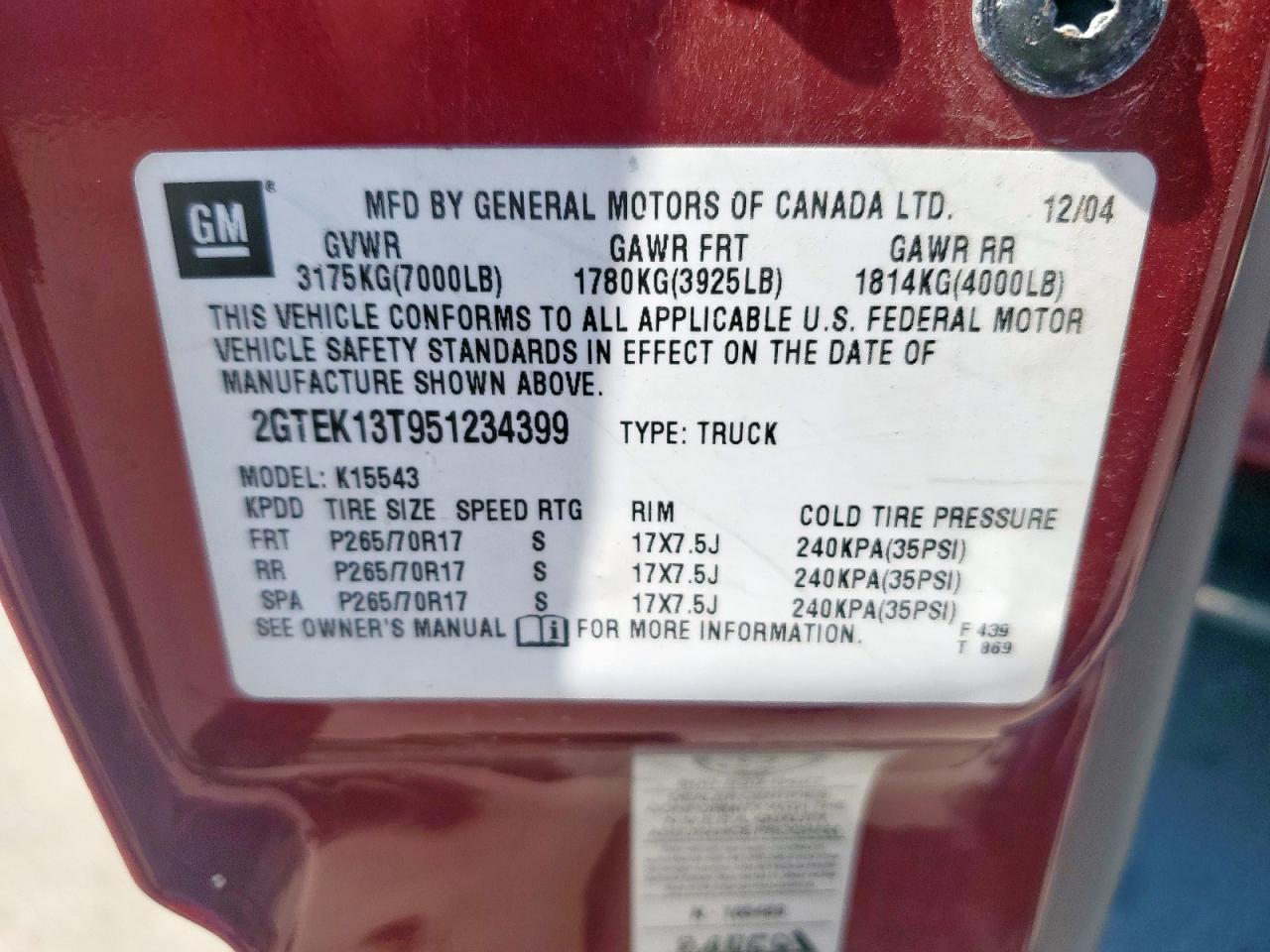2005 GMC New Sierra K1500 VIN: 2GTEK13T951234399 Lot: 86091755
