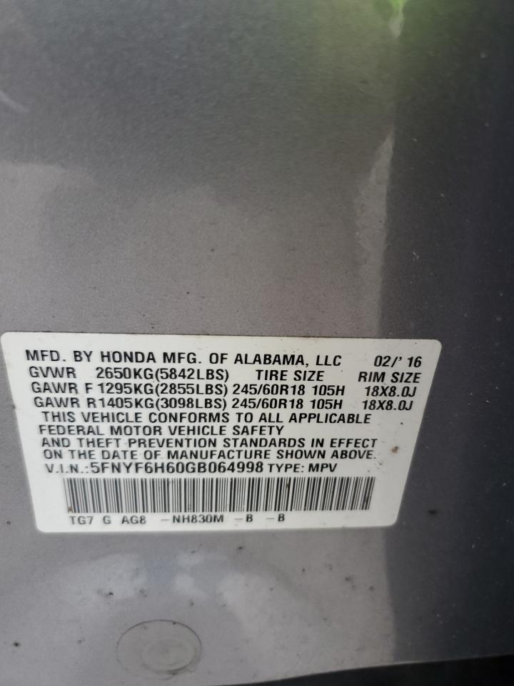 2016 Honda Pilot Exl VIN: 5FNYF6H60GB064998 Lot: 82303975