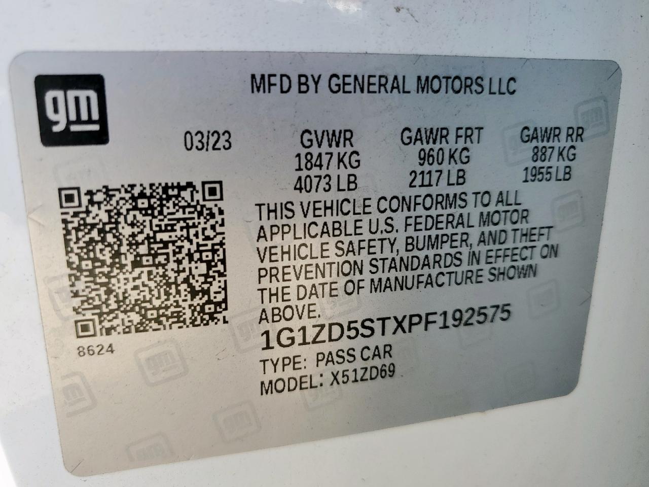 2023 Chevrolet Malibu Lt VIN: 1G1ZD5STXPF192575 Lot: 86314875