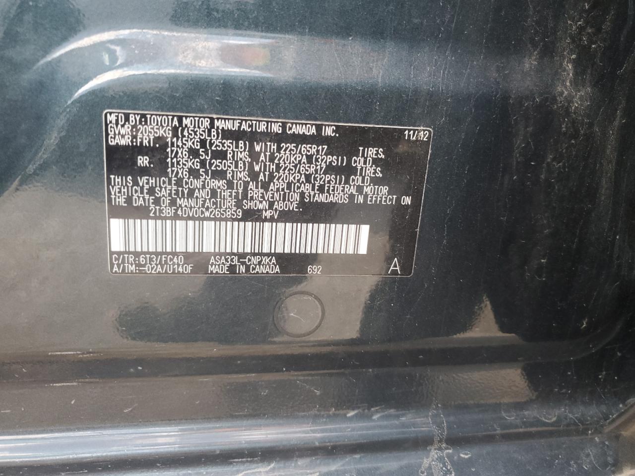 2012 Toyota Rav4 VIN: 2T3BF4DV0CW265859 Lot: 82200595