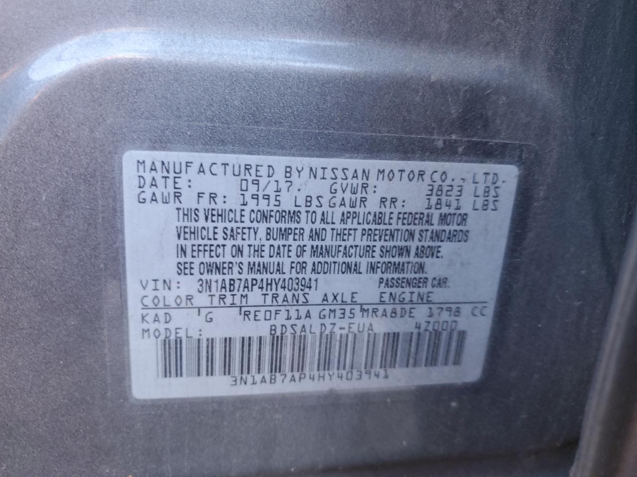 2017 Nissan Sentra S VIN: 3N1AB7AP4HY403941 Lot: 81943745