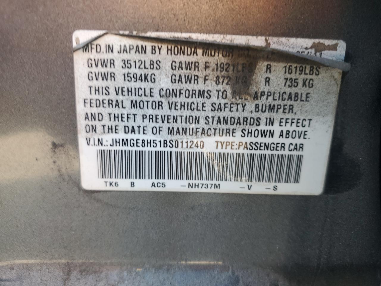 2011 Honda Fit Sport VIN: JHMGE8H51BS011240 Lot: 82652145