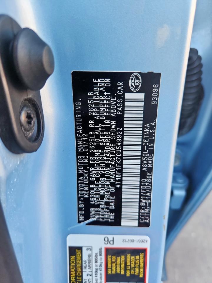 2012 Toyota Camry Base VIN: 4T1BF1FK7CU549922 Lot: 81711235