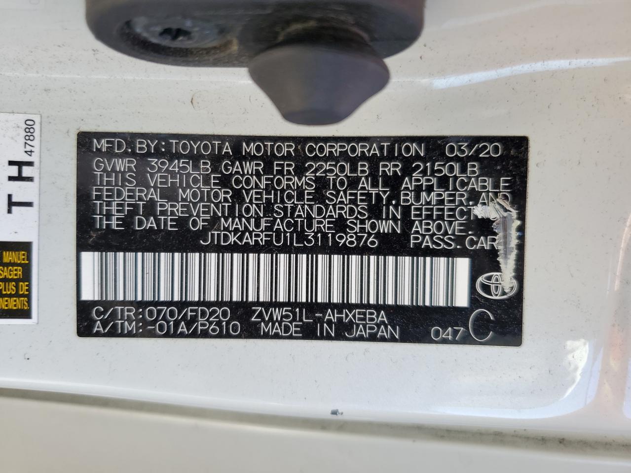 2020 Toyota Prius L VIN: JTDKARFU1L3119876 Lot: 85331405