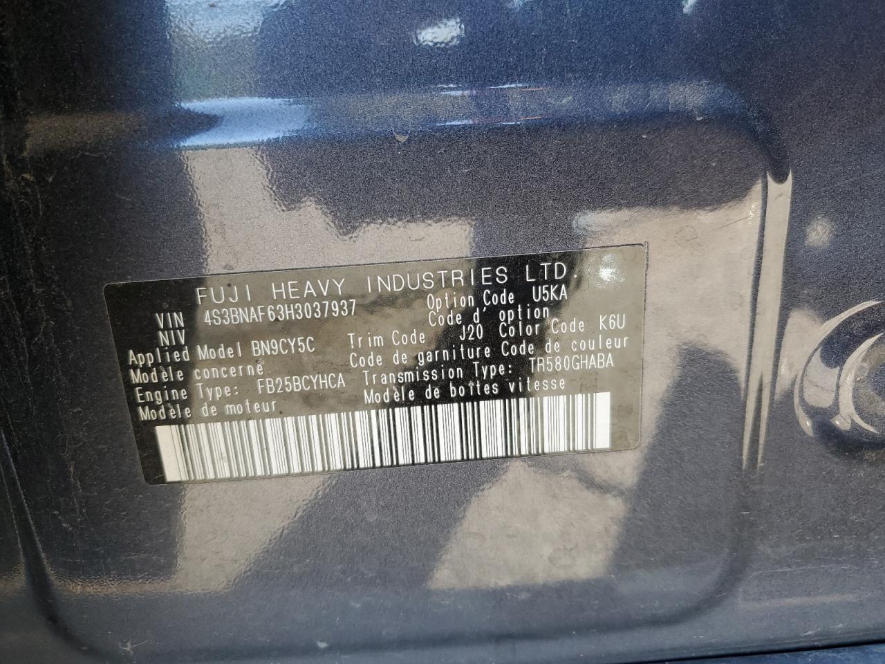 2017 Subaru Legacy 2.5I Premium VIN: 4S3BNAF63H3037937 Lot: 85876205