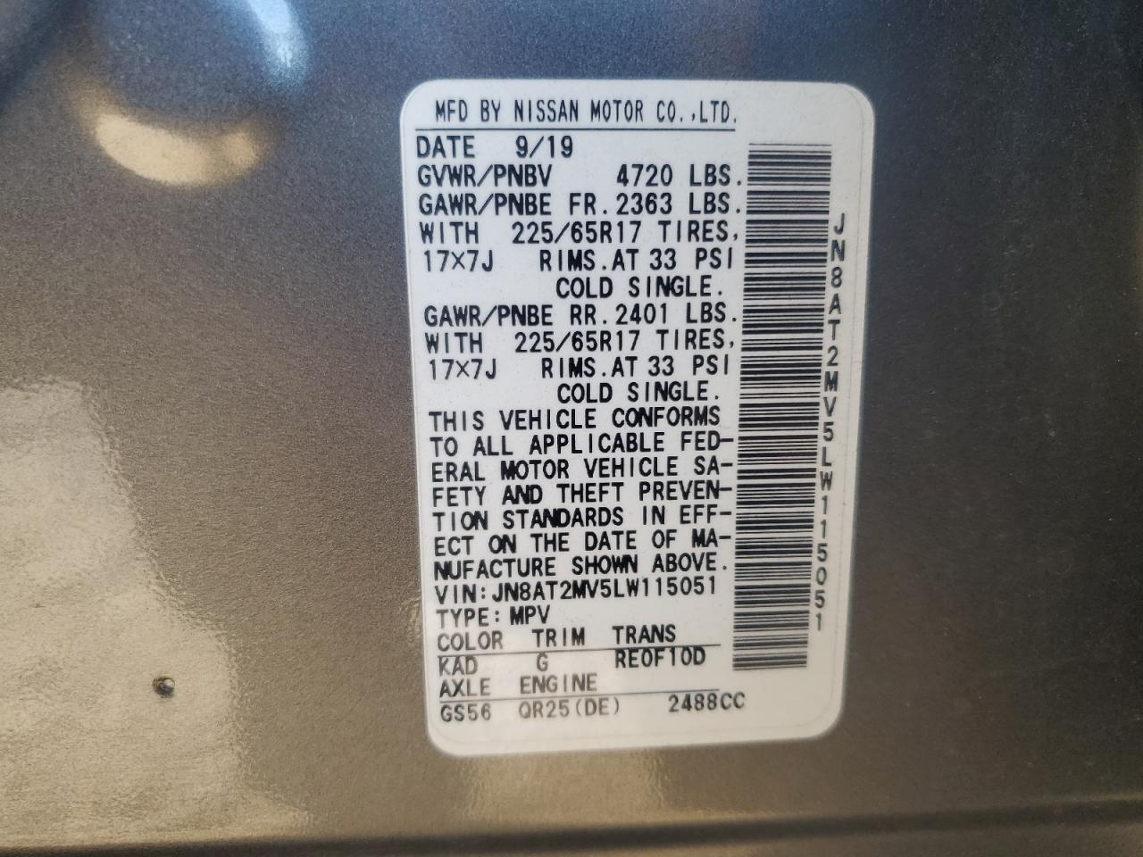 2020 Nissan Rogue S VIN: JN8AT2MV5LW115051 Lot: 86533955