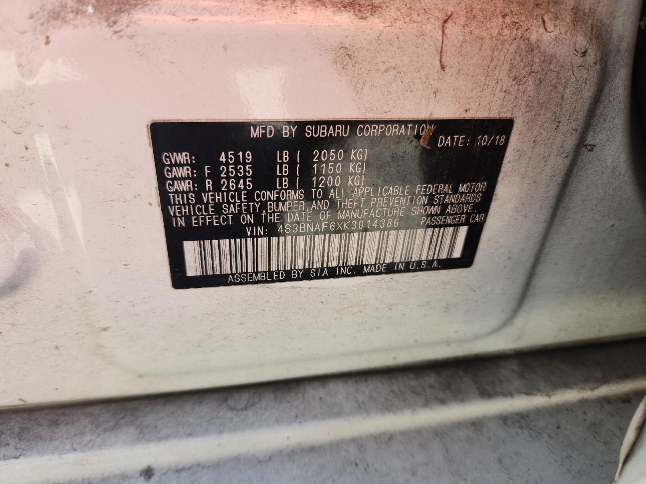 2019 Subaru Legacy 2.5I Premium VIN: 4S3BNAF6XK3014386 Lot: 82441985