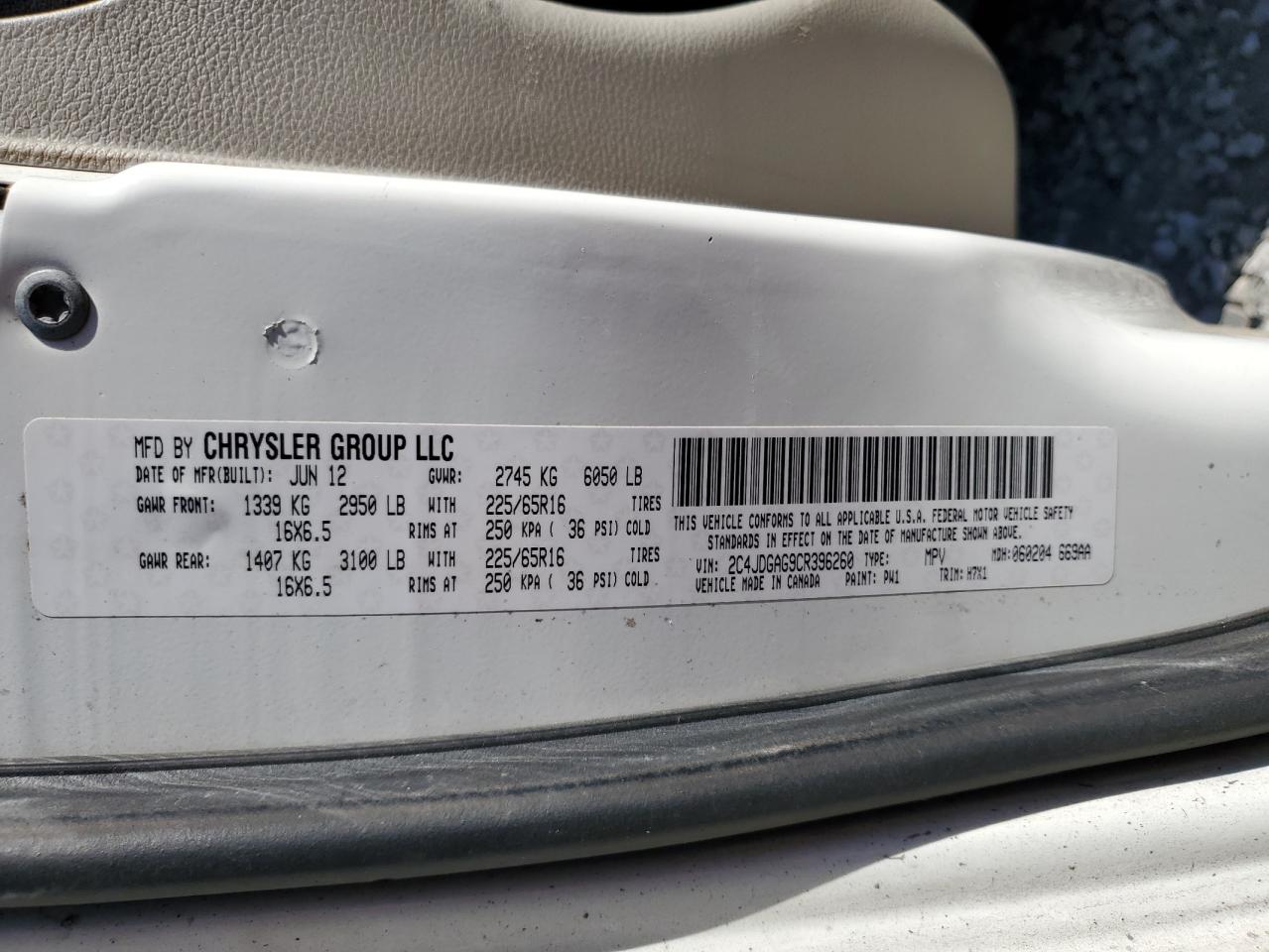 2012 Dodge Ram Van VIN: 2C4JDGAG9CR396260 Lot: 87238965