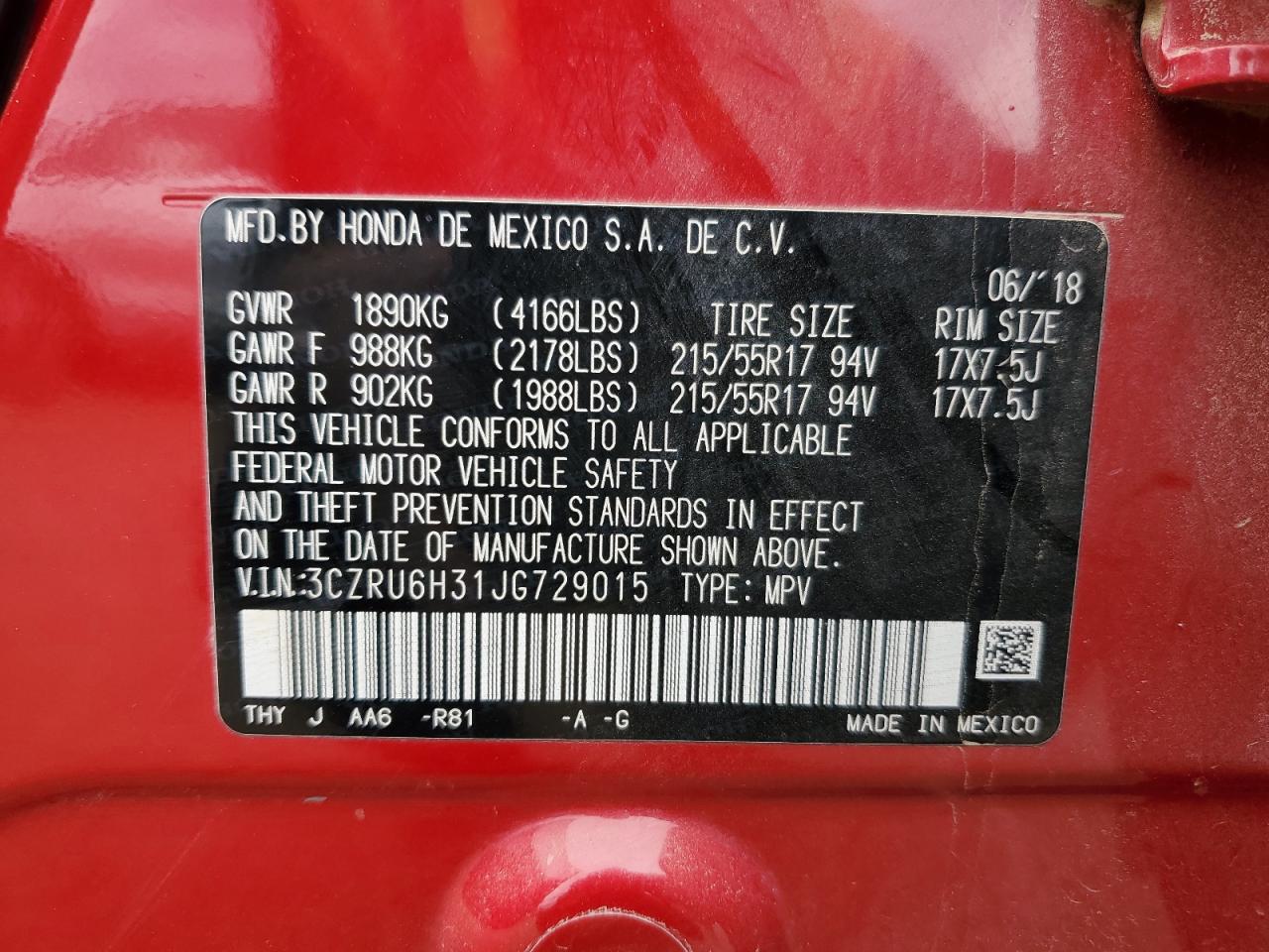 2018 Honda Hr-V Lx VIN: 3CZRU6H31JG729015 Lot: 82448155