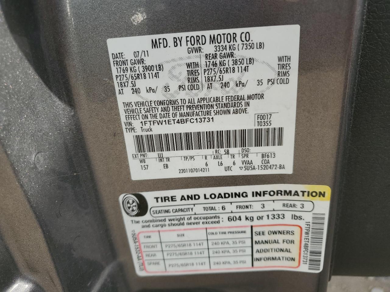 2011 Ford F150 Supercrew VIN: 1FTFW1ET4BFC13731 Lot: 86453705