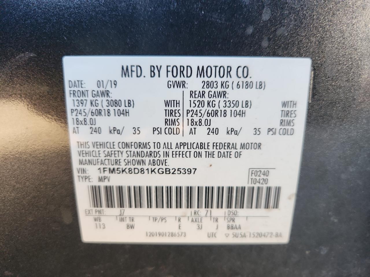 2019 Ford Explorer Xlt VIN: 1FM5K8D81KGB25397 Lot: 85780355