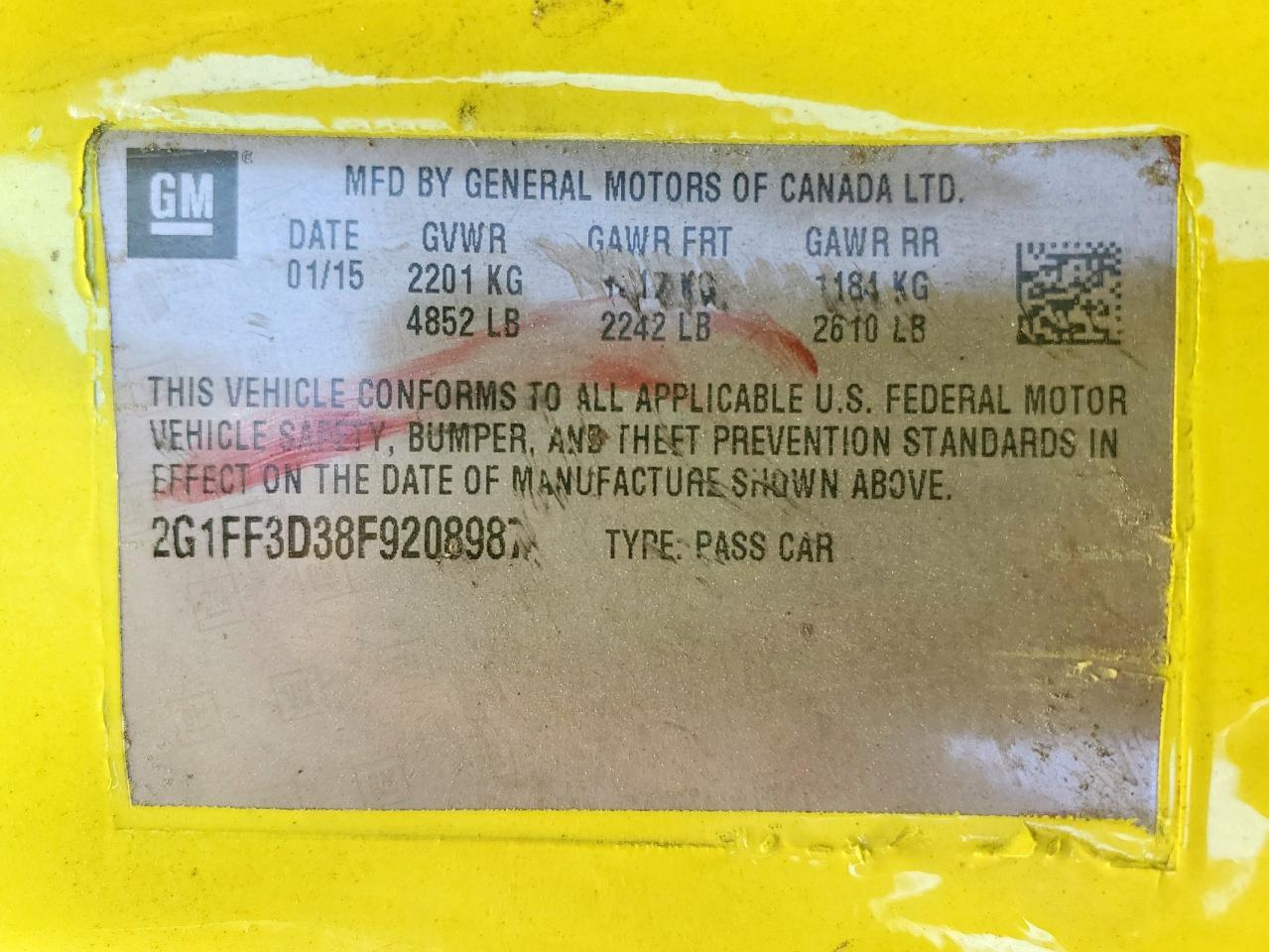 2015 Chevrolet Camaro Lt VIN: 2G1FF3D38F9208987 Lot: 86279705