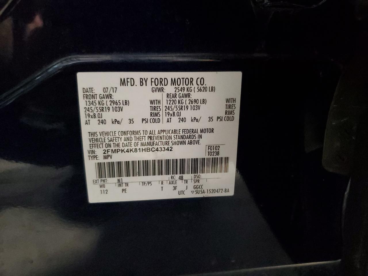 2017 Ford Edge Titanium VIN: 2FMPK4K81HBC43342 Lot: 90321715